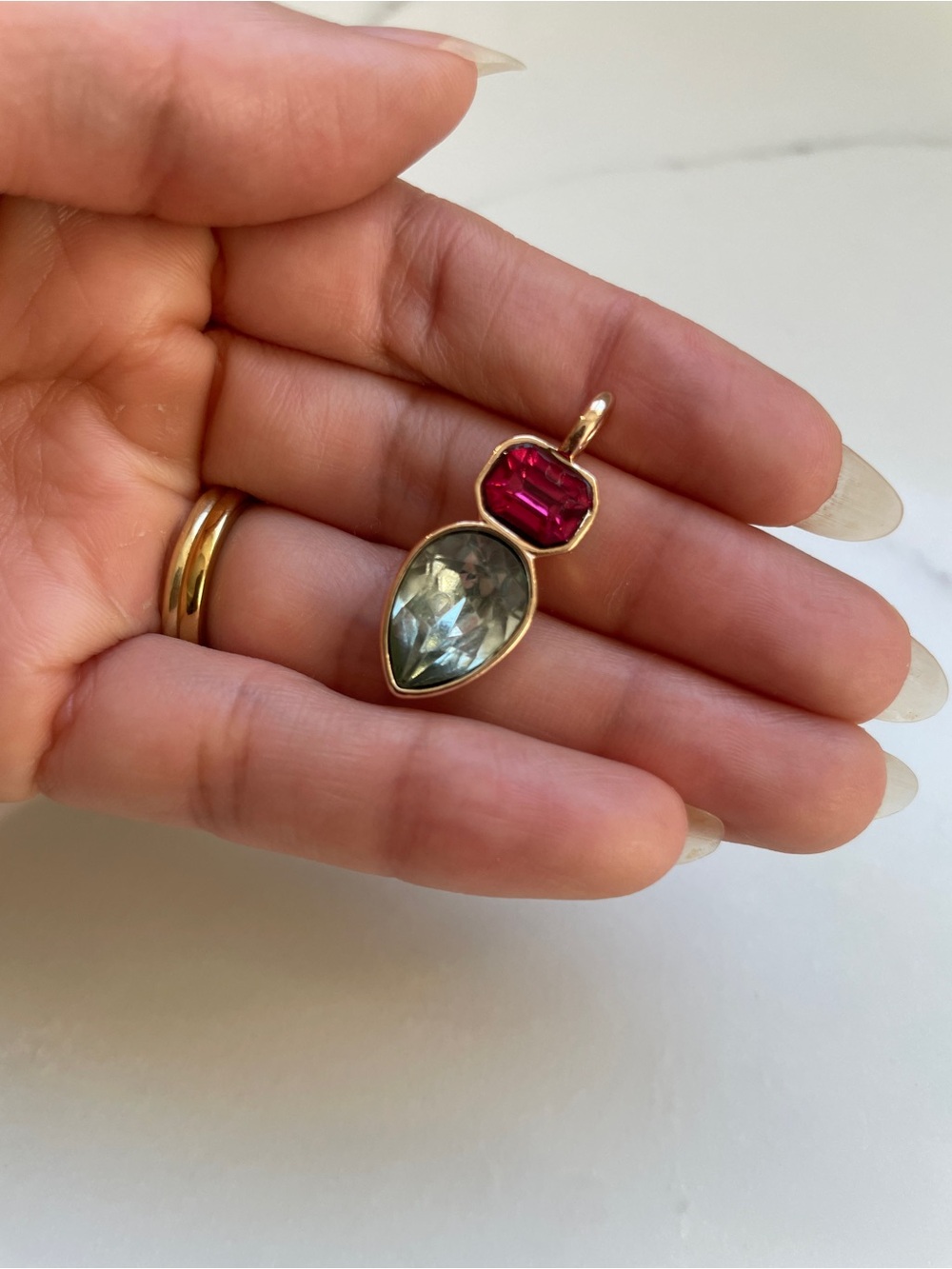 Vintage-Style Pink & Light Green Glass Resin Two-Stone Pendant, Gold Plated